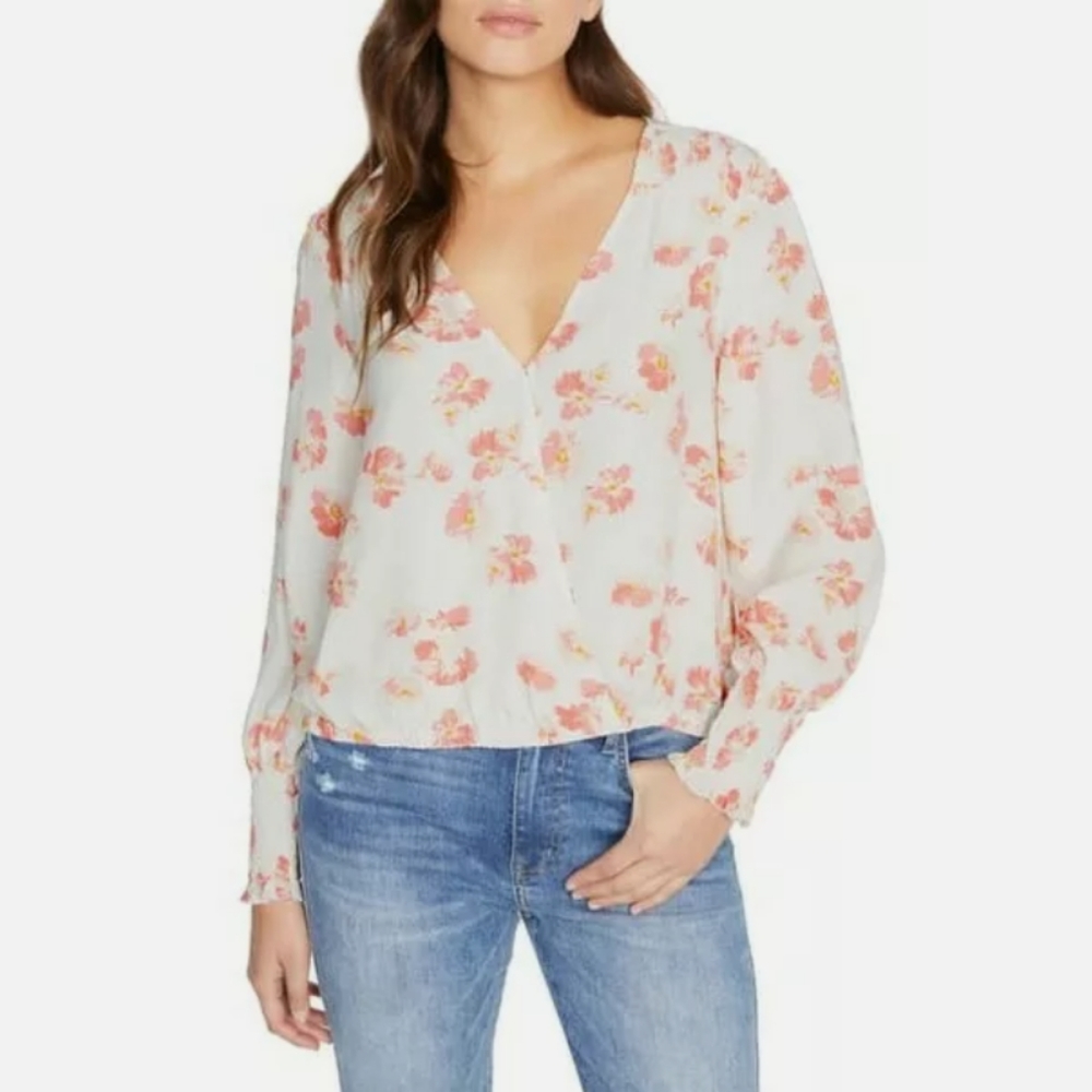 Sanctuary Awaken Floral Faux Wrap Top Large in Poppy Fields Rayon